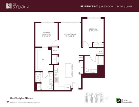 Floor plan for 2 beds, 2 baths, 1216 sqft